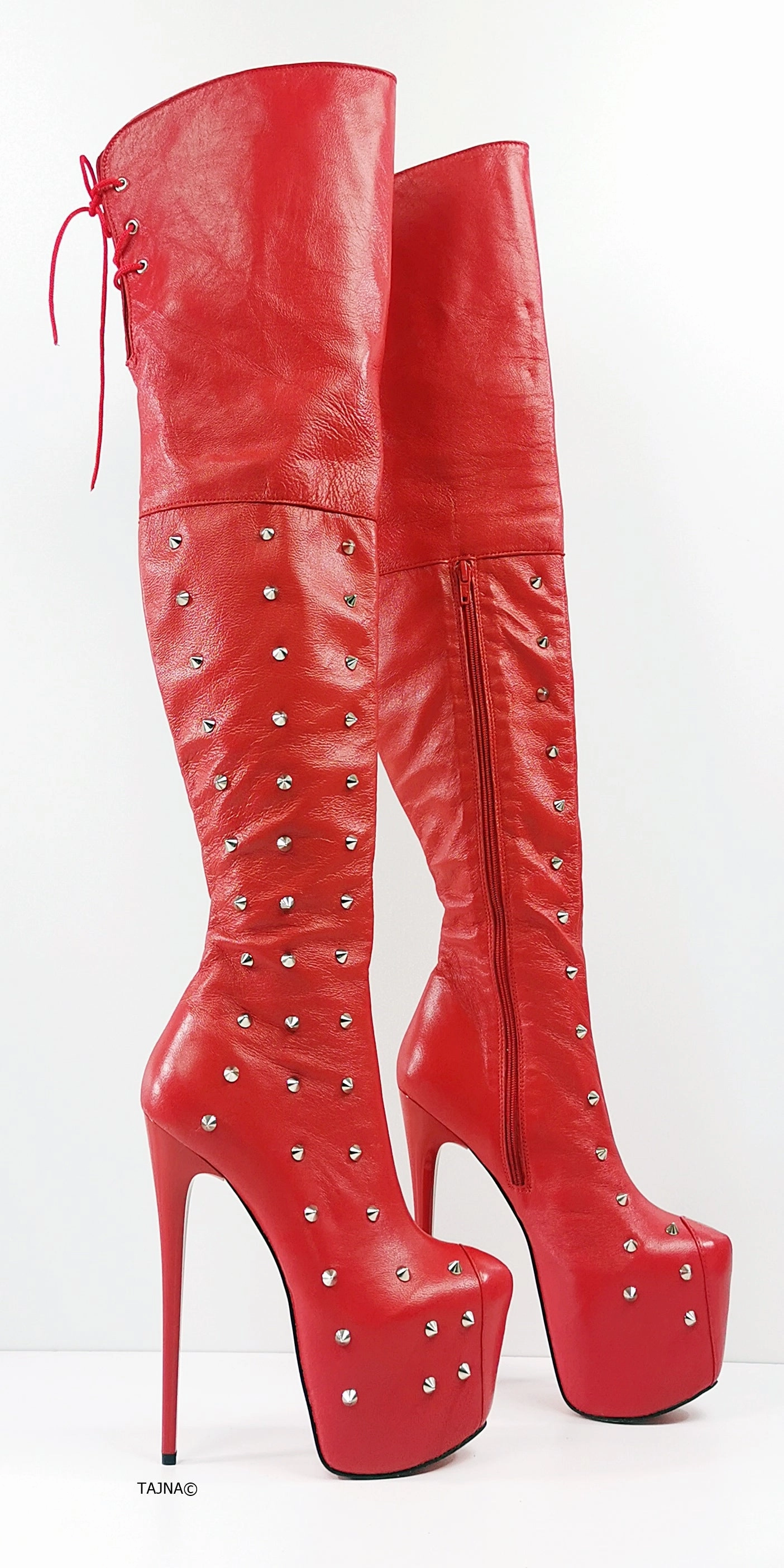 Spike Stud Red Genuine Leather Thigh Boots