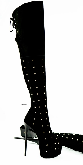 Spike Studs Black Suede Thigh Boots