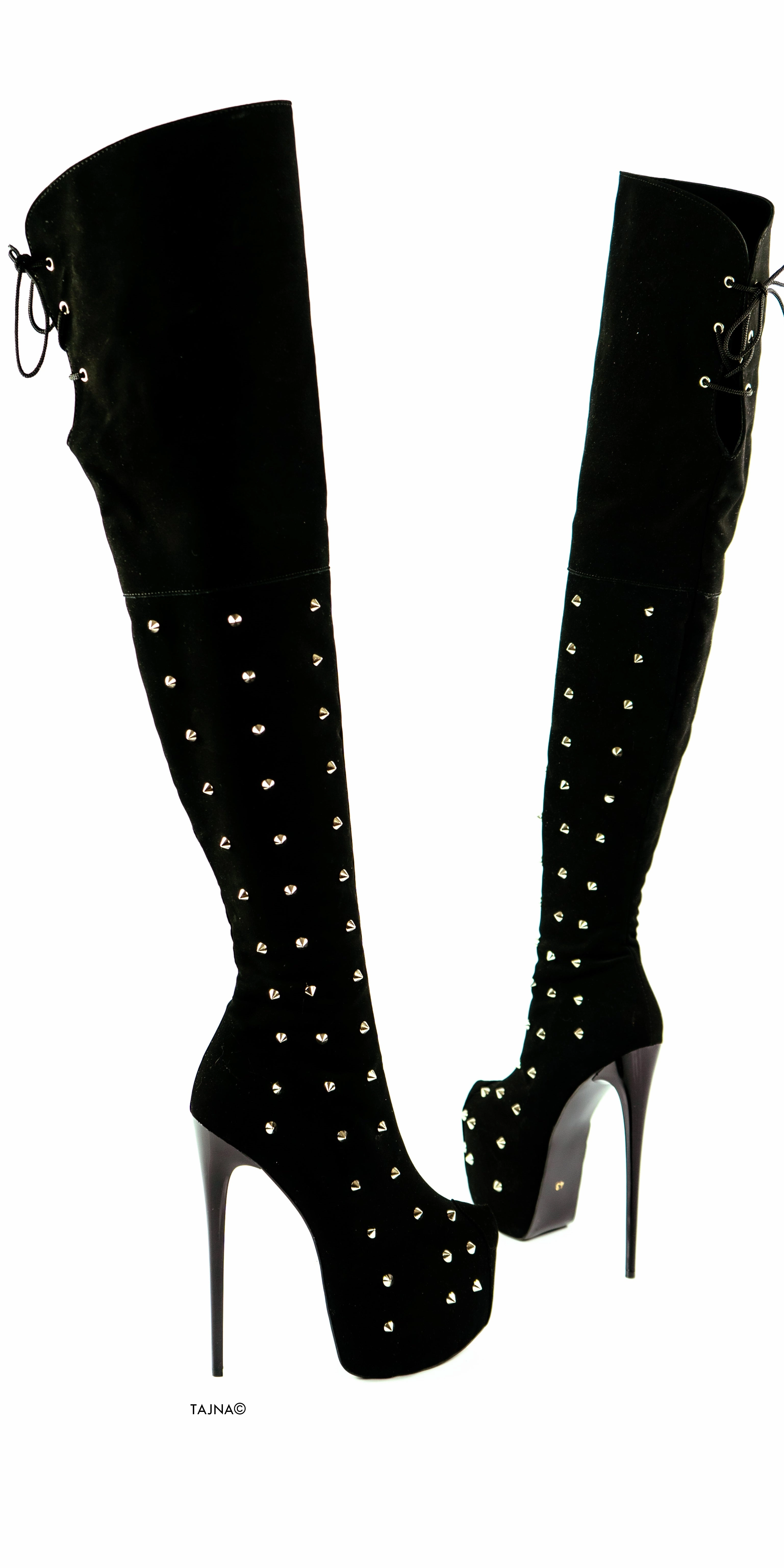 Spike Studs Black Suede Thigh Boots