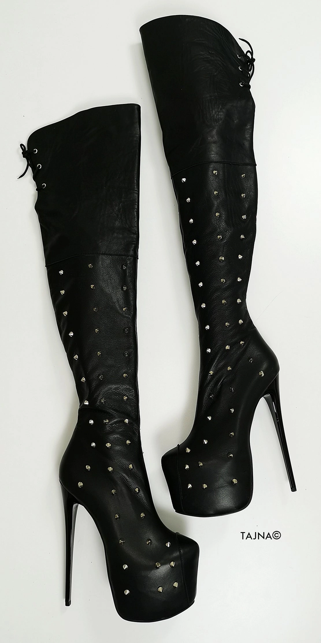 Studded Genuine Leather Black Knee High Boots