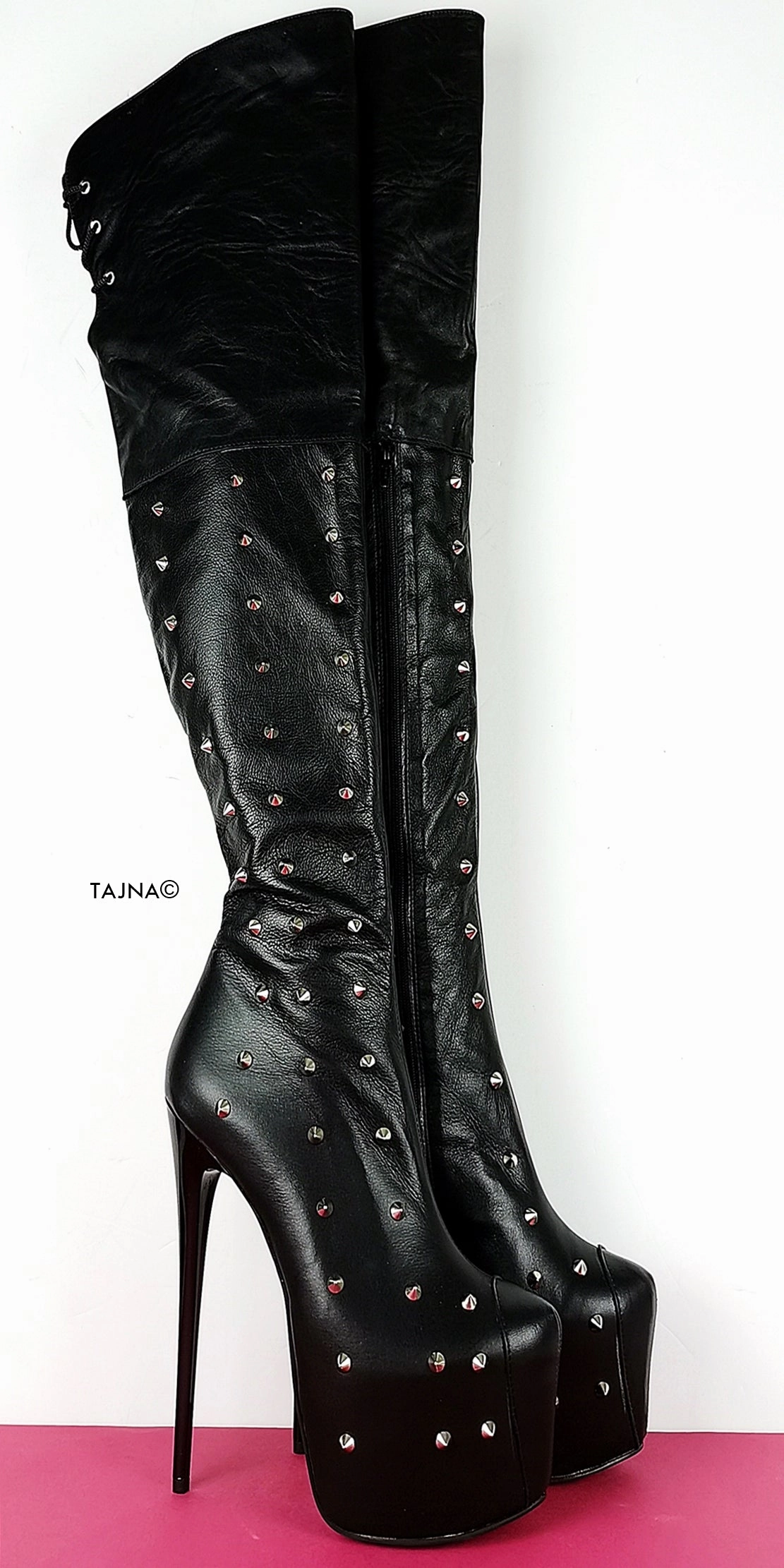 Studded Genuine Leather Black Knee High Boots