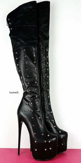 Studded Genuine Leather Black Knee High Boots