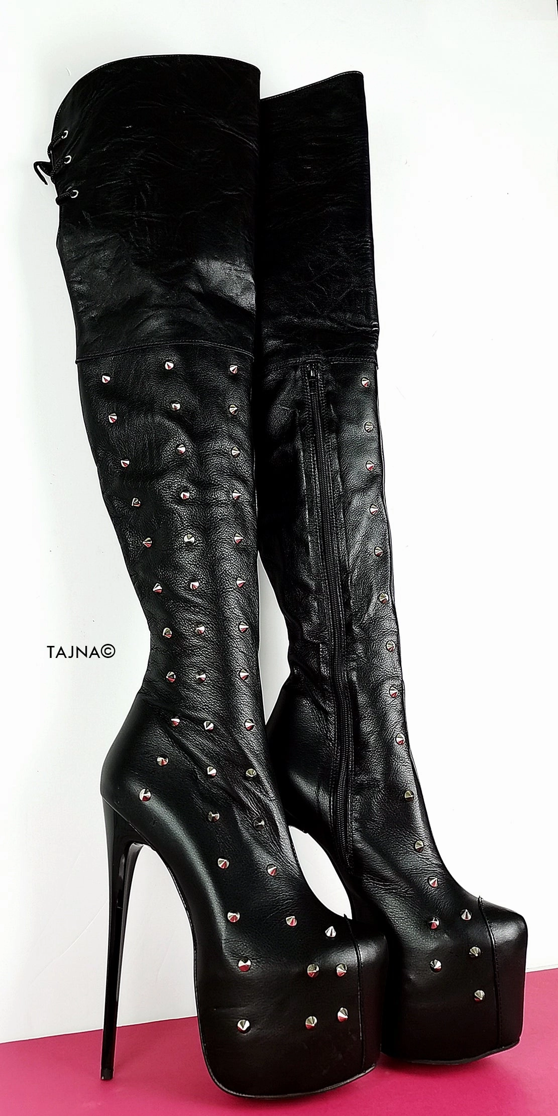 Studded Genuine Leather Black Knee High Boots