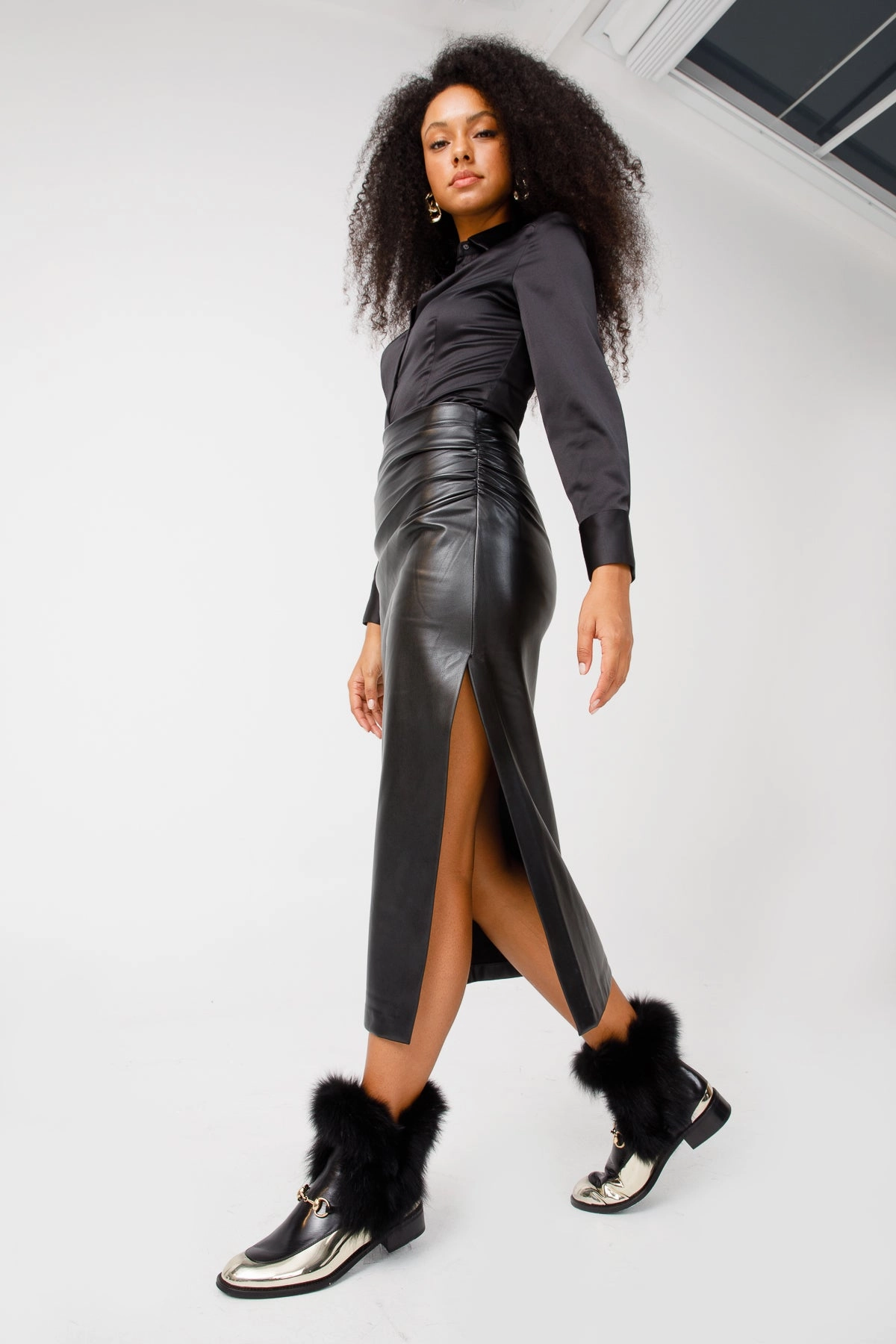 The Izmir Black & Gold Leather Natural Fox Fur Mid Calf Women Boot