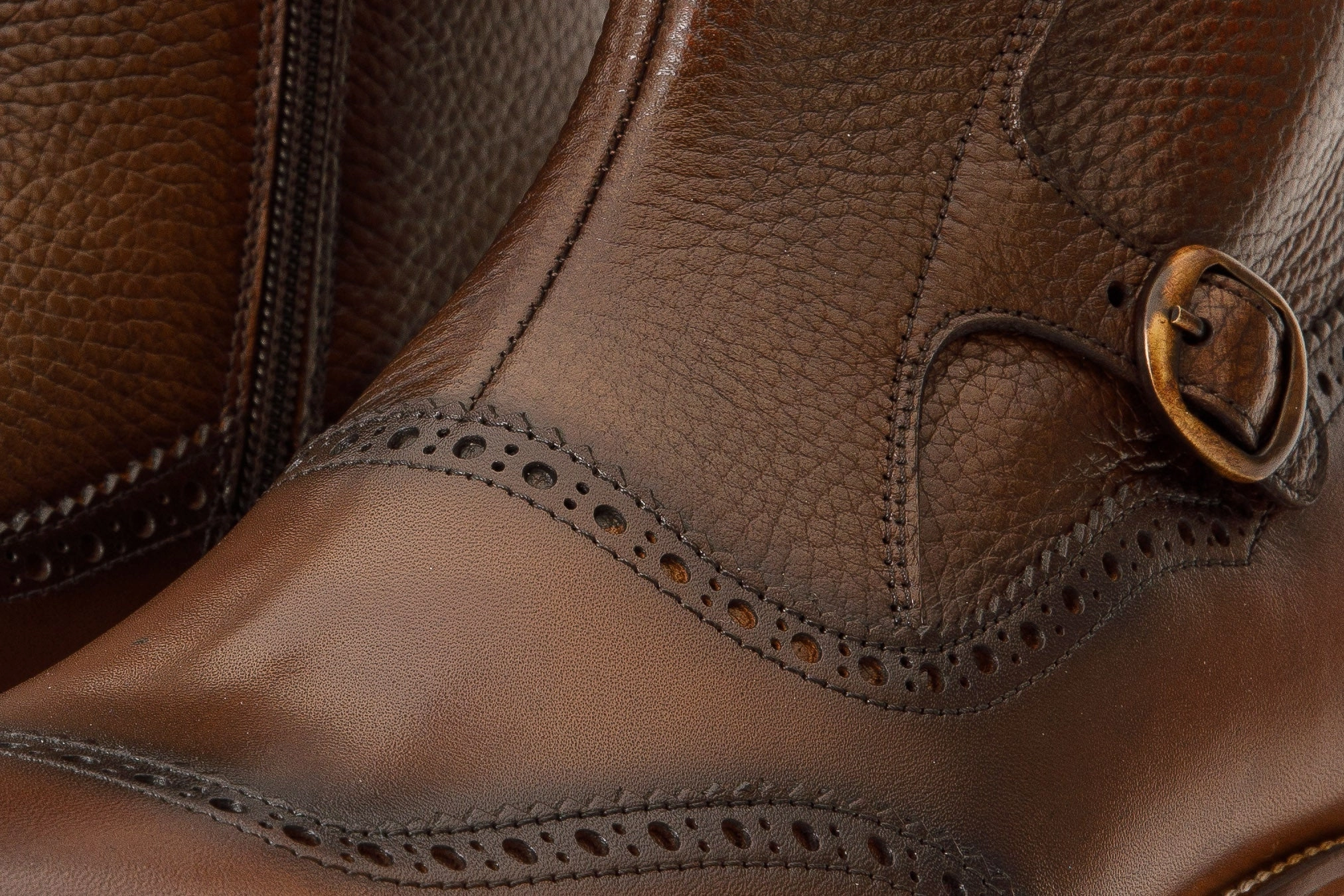 The Rand Brown Leather Double Buckle Brogue Men Boot with a Zipper