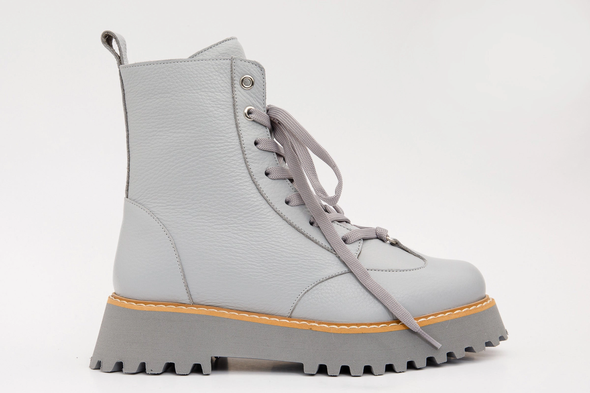 The Yildiz Grey Leather Lace-Up Ankle Women Boot With a Side Zipper