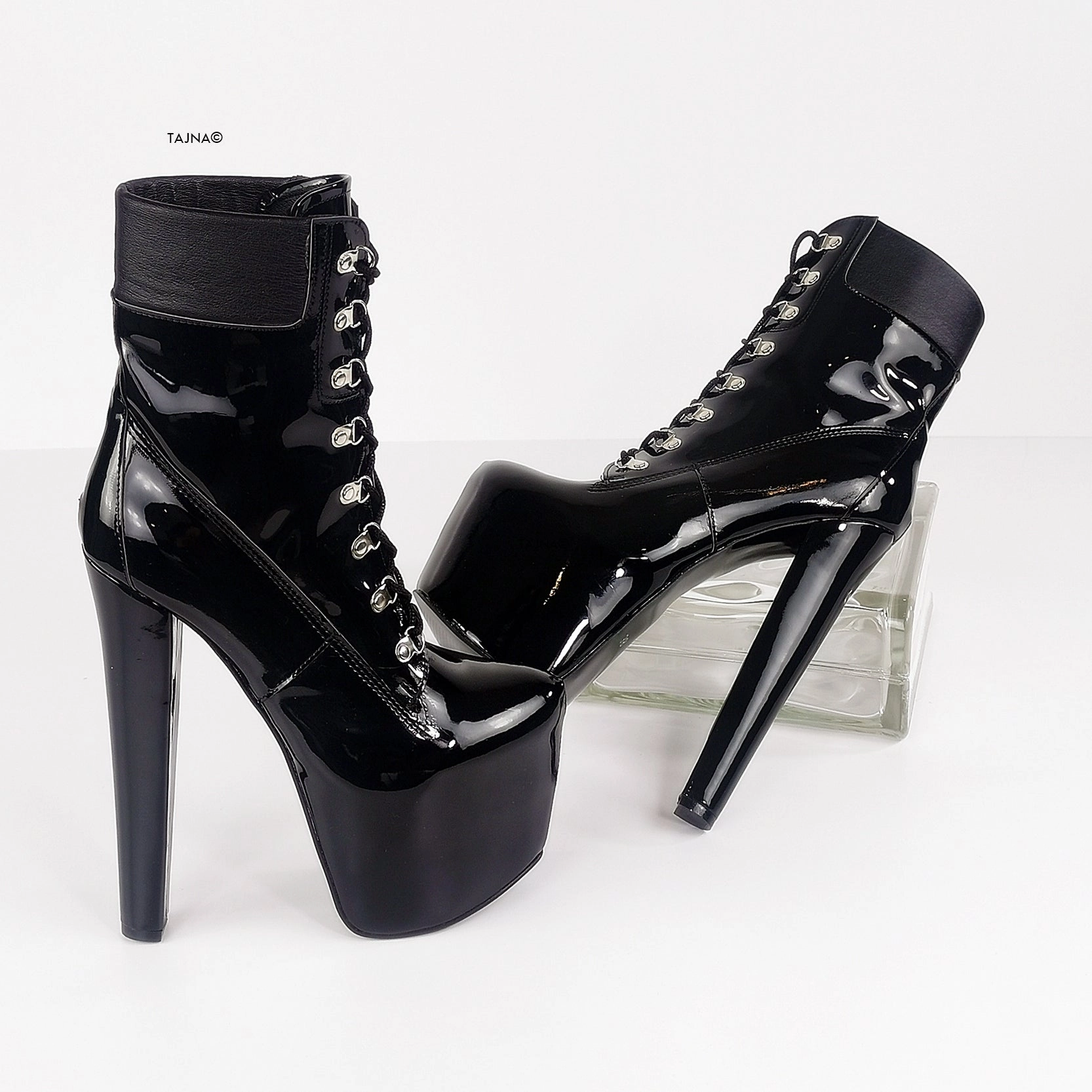 Timber Lace Up Black Gloss Platform Ankle Boots