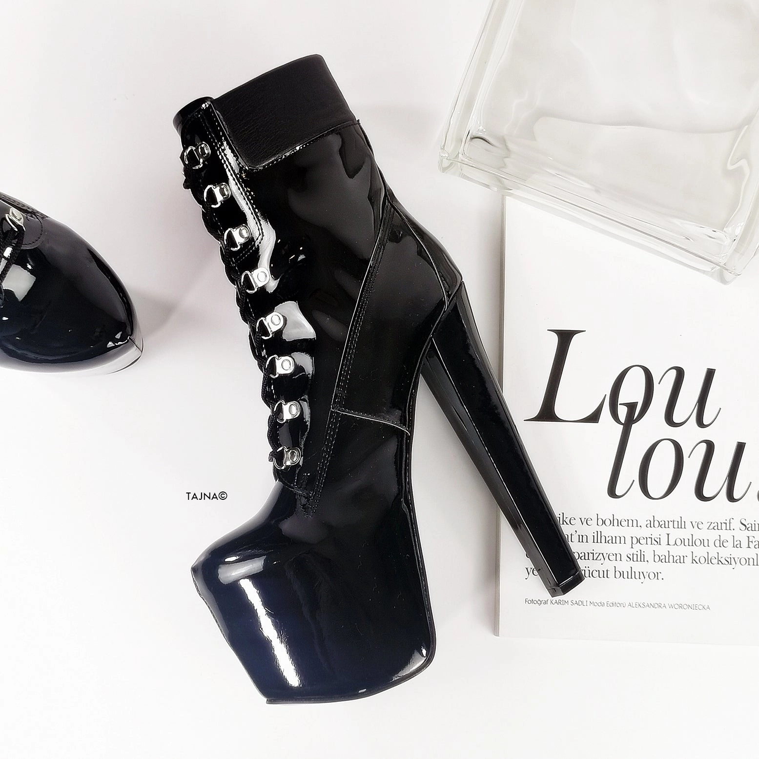 Timber Lace Up Black Gloss Platform Ankle Boots