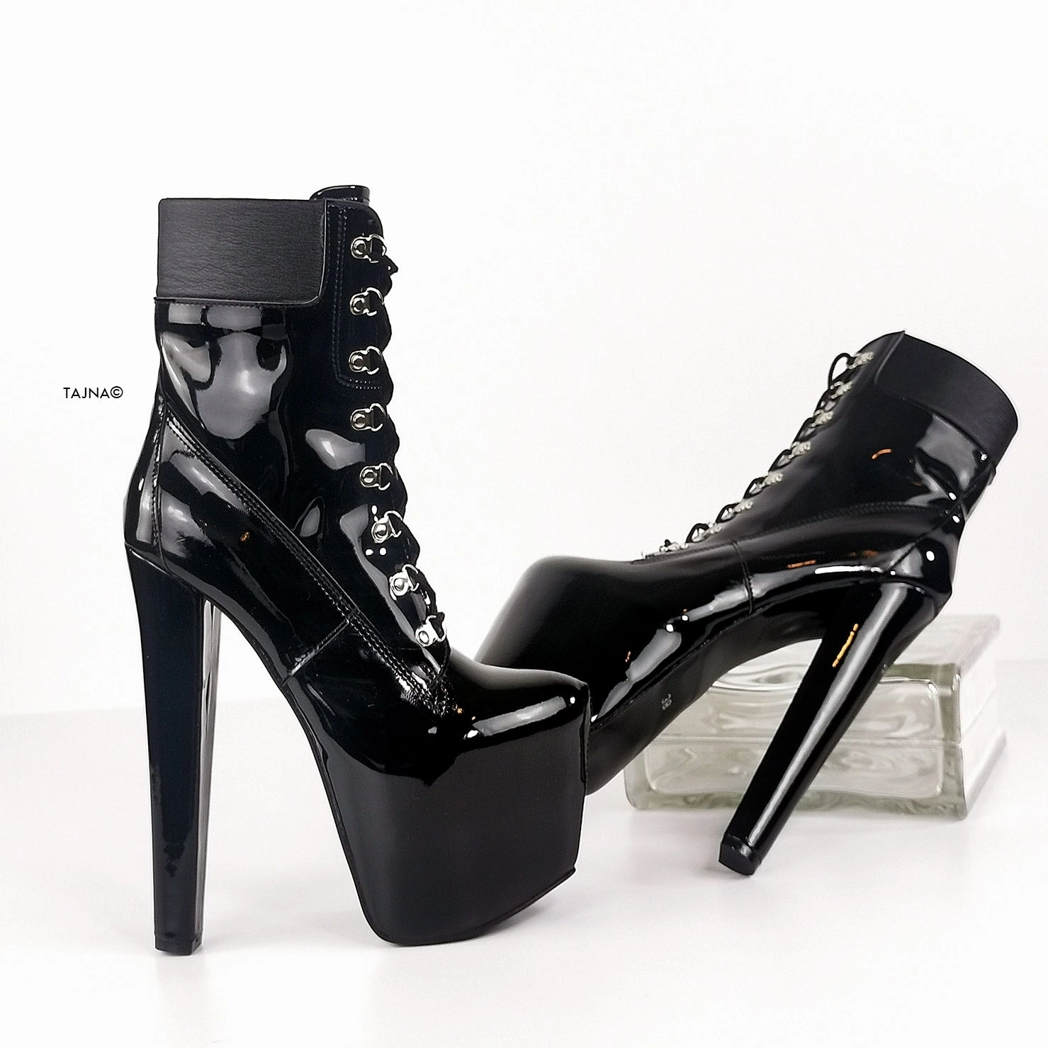 Timber Lace Up Black Gloss Platform Ankle Boots