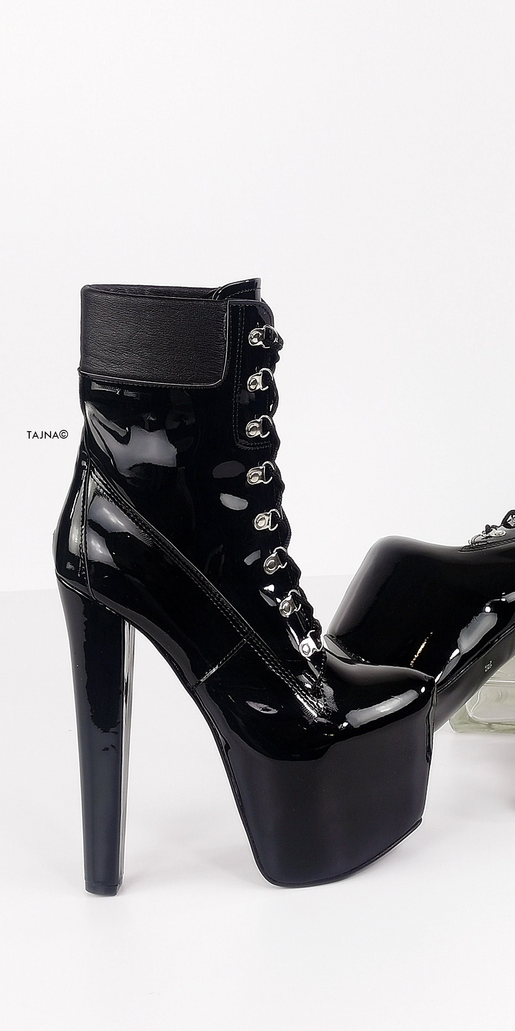 Timber Lace Up Black Gloss Platform Ankle Boots