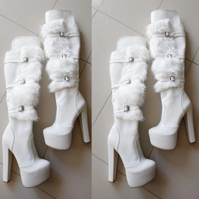 White Furry Platform Heel Boots