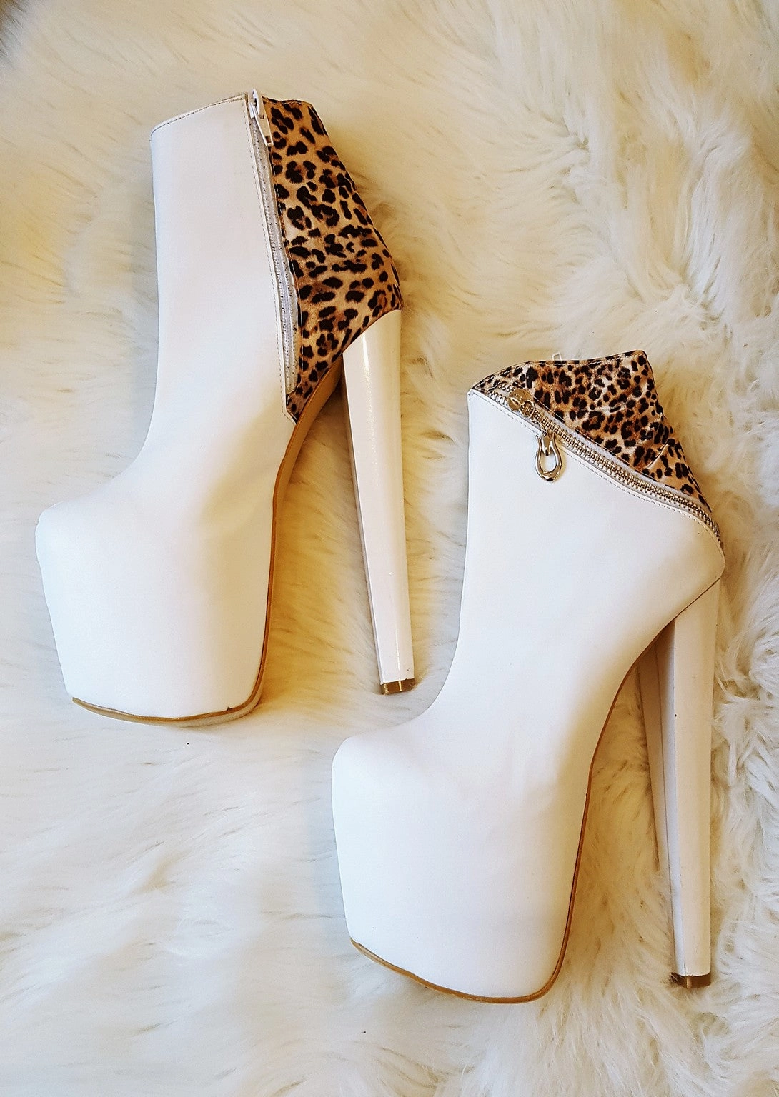 White Leopard Zipper Detail Ankle Platform Boots