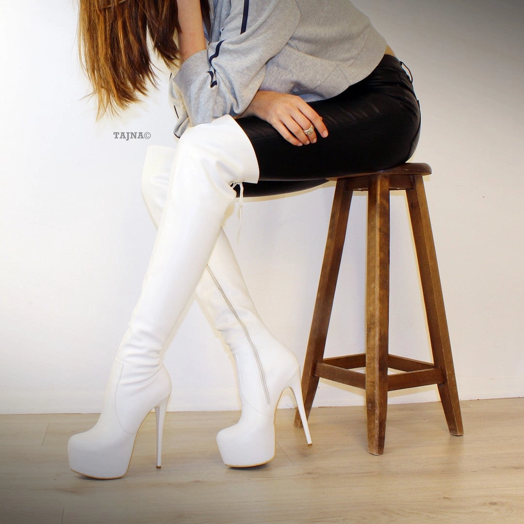 White Rope High Heel Platform Knee High Boots