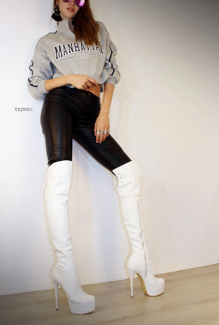 White Rope High Heel Platform Knee High Boots
